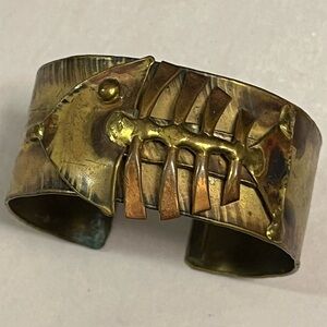 Vintage Mixed Metal Fish Bone Bracelet Cuff Brutalist Brass Copper Modernist Vtg